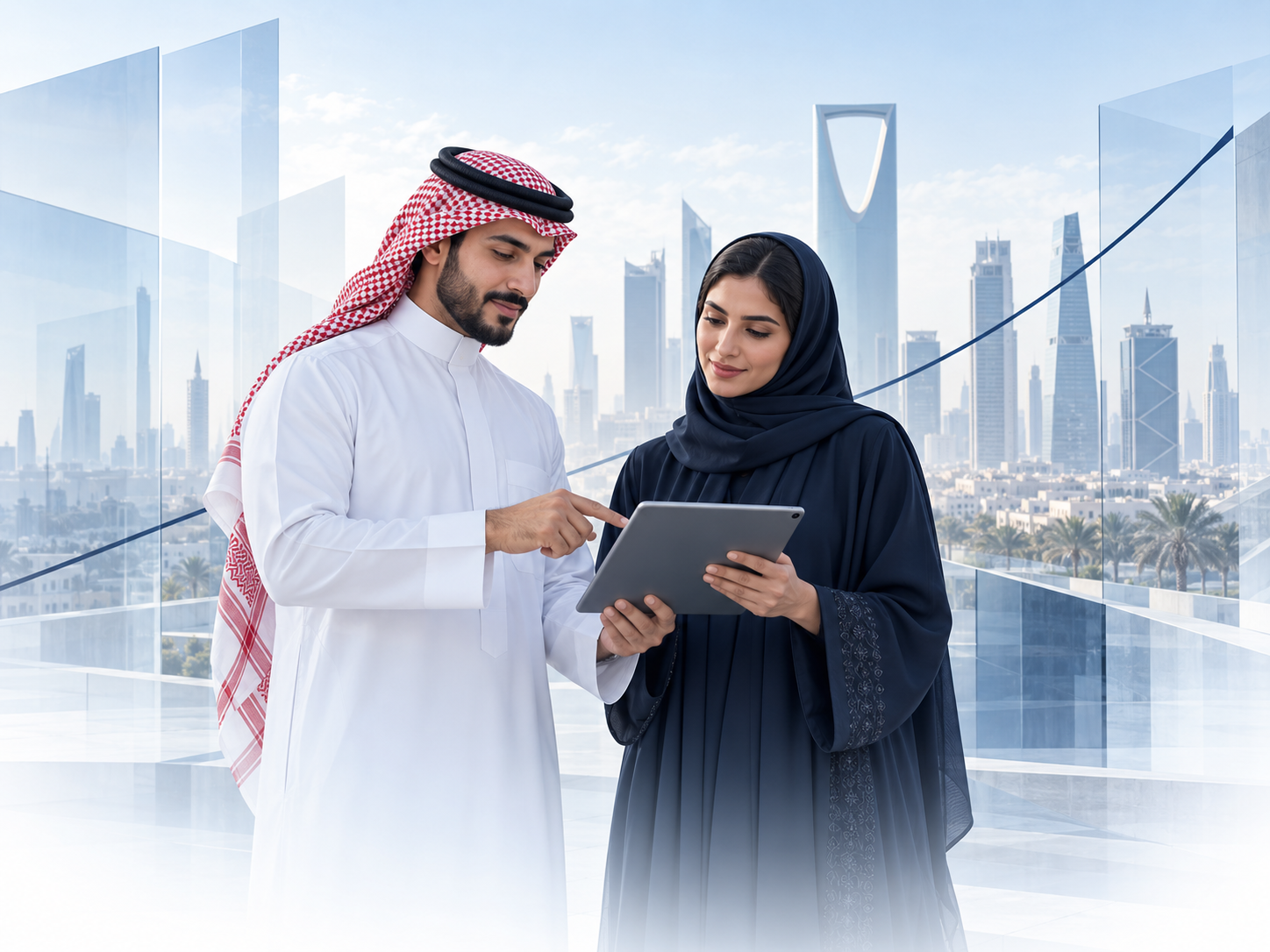 مشهد تعبيري لمستشارين سعوديين يتعاونان على جهاز لوحي أمام معالم الرياض